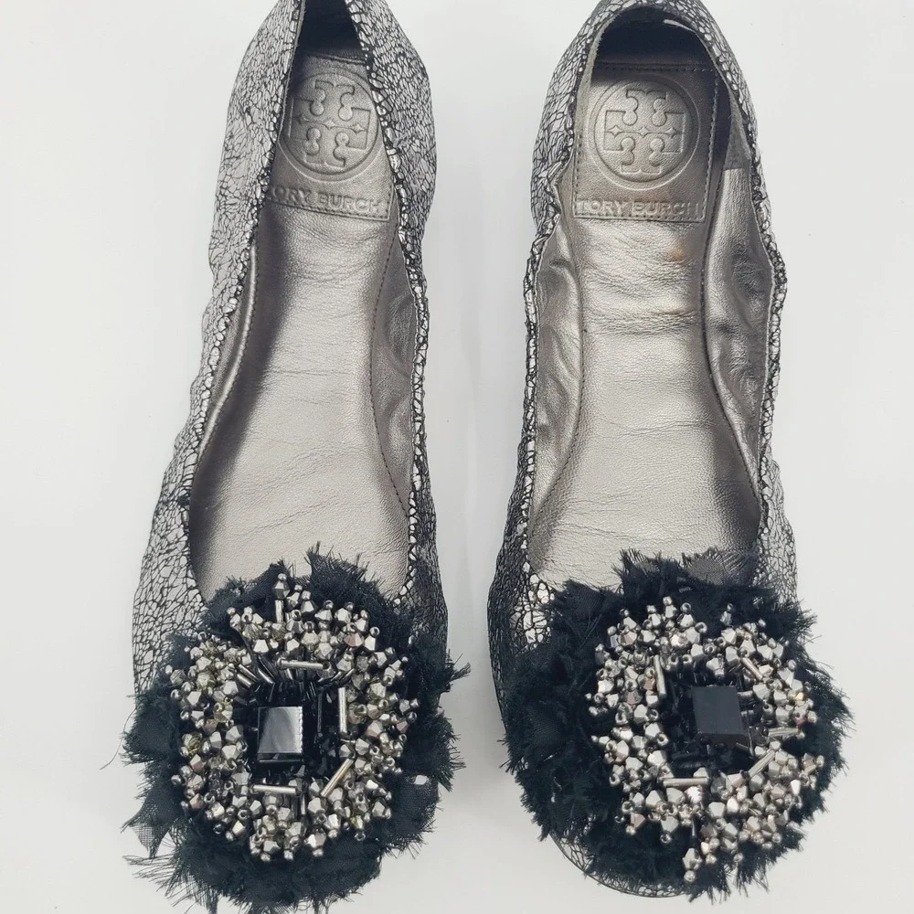 Tory Burch Crackle Leather Amelia Jeweled Crystal‎ Bow Round Toe Flats Size 7M
